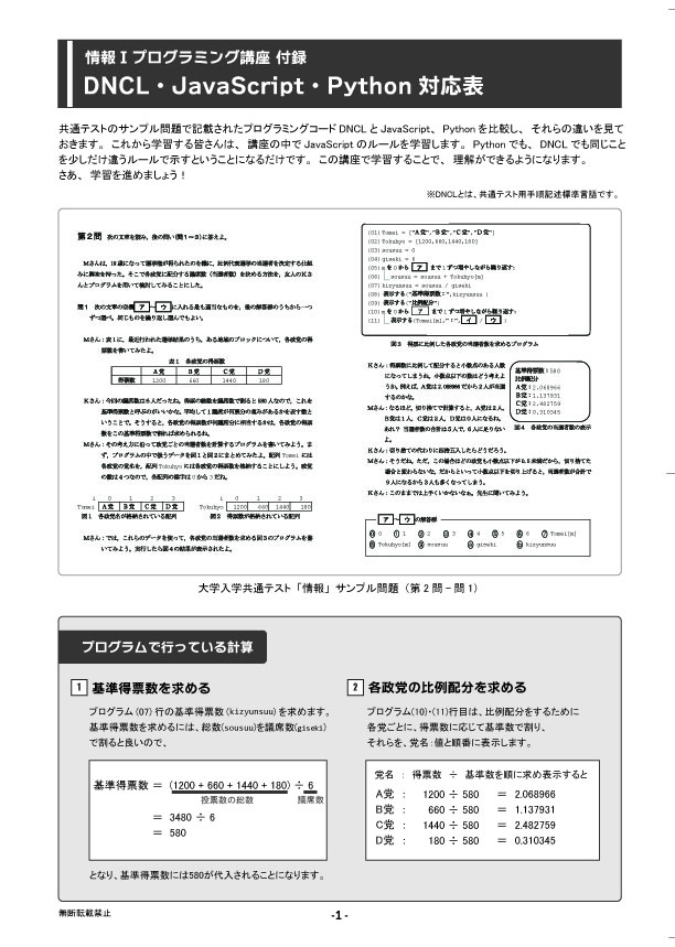 DNCL・JavaScript・Python 対応表の見本